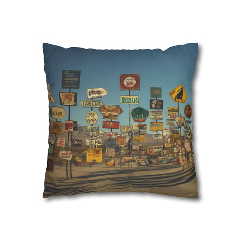 Desert Road with Endless Signs (Edition II) — 40×40 Cushion Cover — Double-Sided Back & Concealed Zip Detail