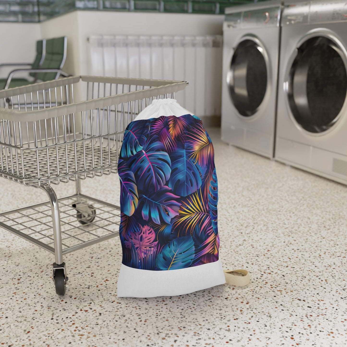 Vibrant tropical leaf laundry bag for stylish organization.