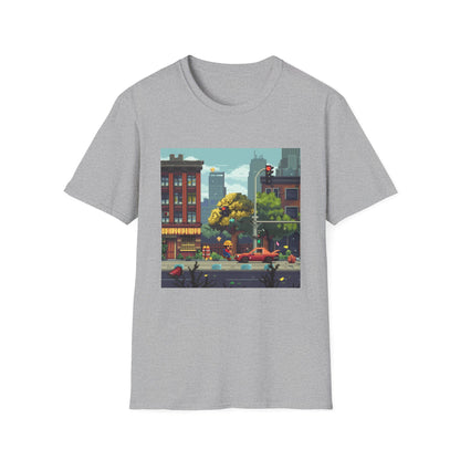 Alt text: "8-Bit Blast Classic Arcade Throwback T-Shirt featuring pixelated graphics and bold colors, perfect for fans of classic arcade gaming"