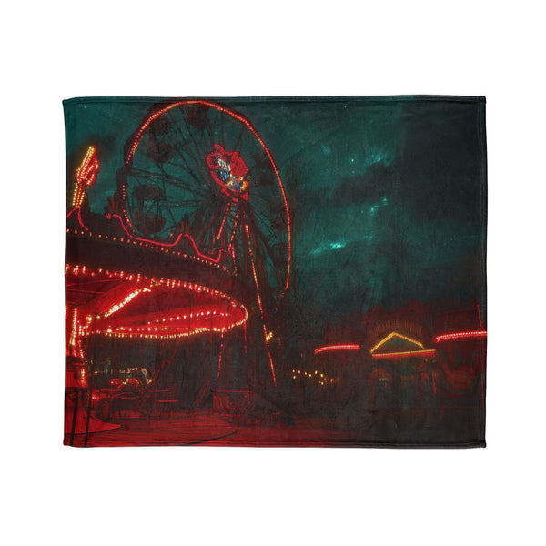 Haunted Carnival on Another Planet — Plush Fleece Throw Blanket — Draped Over Sofa & Bed Lifestyle View