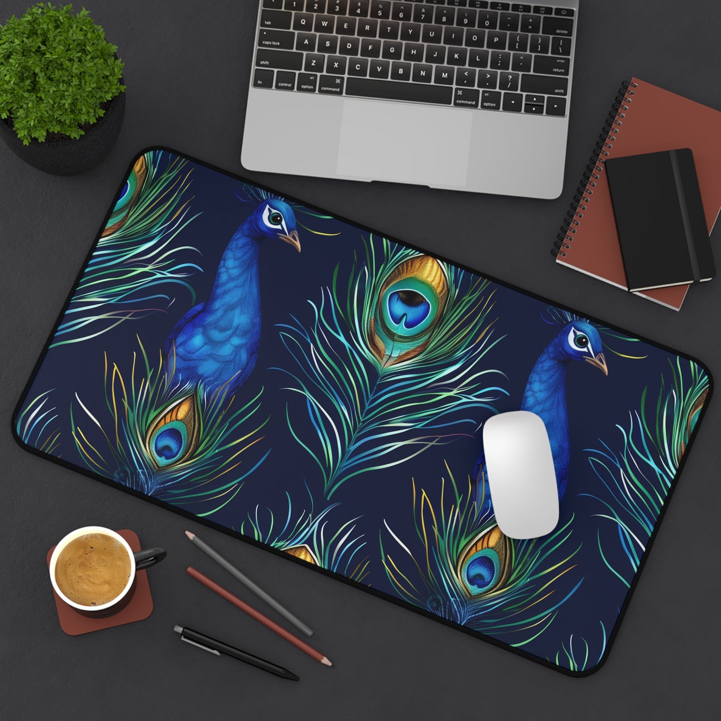 "Peacock Feather Blue Desk Mat - Elevate your workspace with vibrant blue feathers pattern, add style to your office décor"