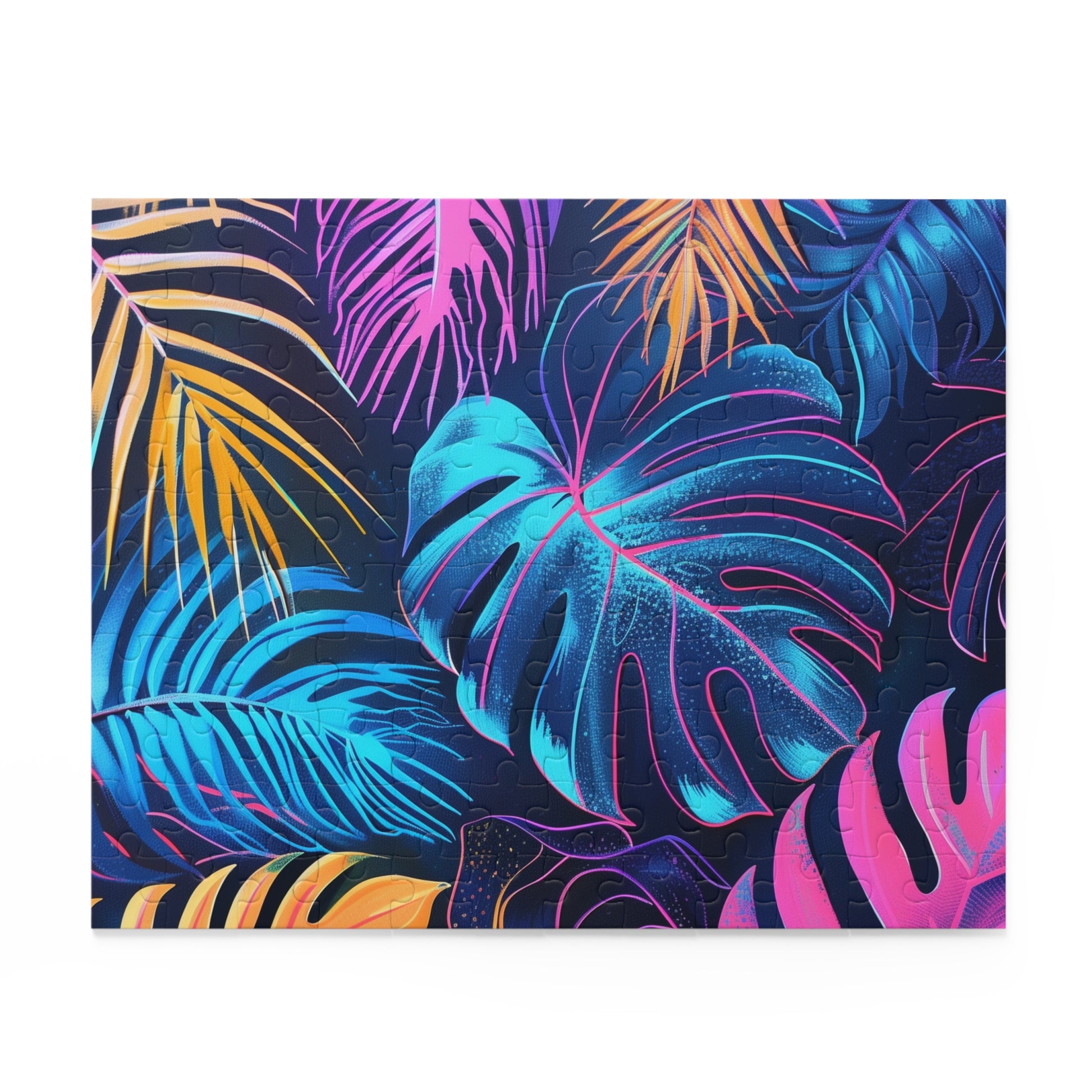 Tropical Paradise Jigsaw Puzzle with Neon Leaves and Palm Trees - Relaxing home activity with vibrant design.