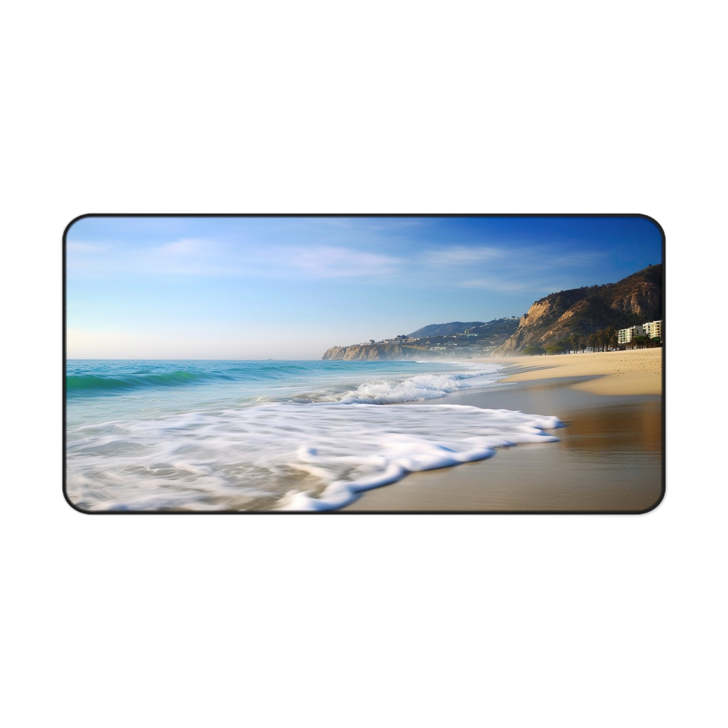 "Malibu Beach desk mat with serene coastal image for a relaxing workspace"