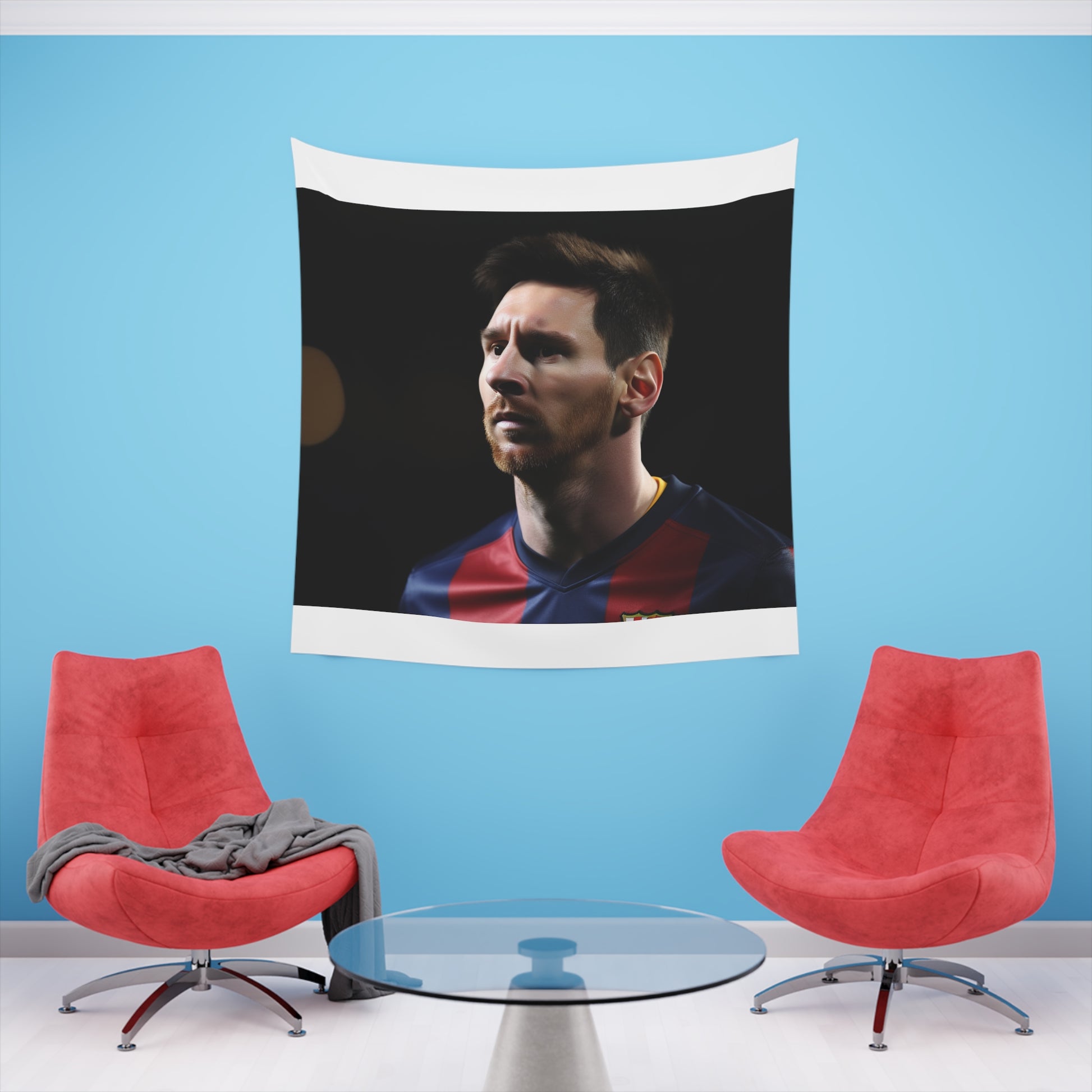 Messi: Maestro of the Pitch Tapestry | Wall Tapestry | All Over Print, AOP, Decor, Halloween, Home & Living, Home Decor, Indoor, Spring Essentials, Sublimation, Tapestry | Prints with Passion