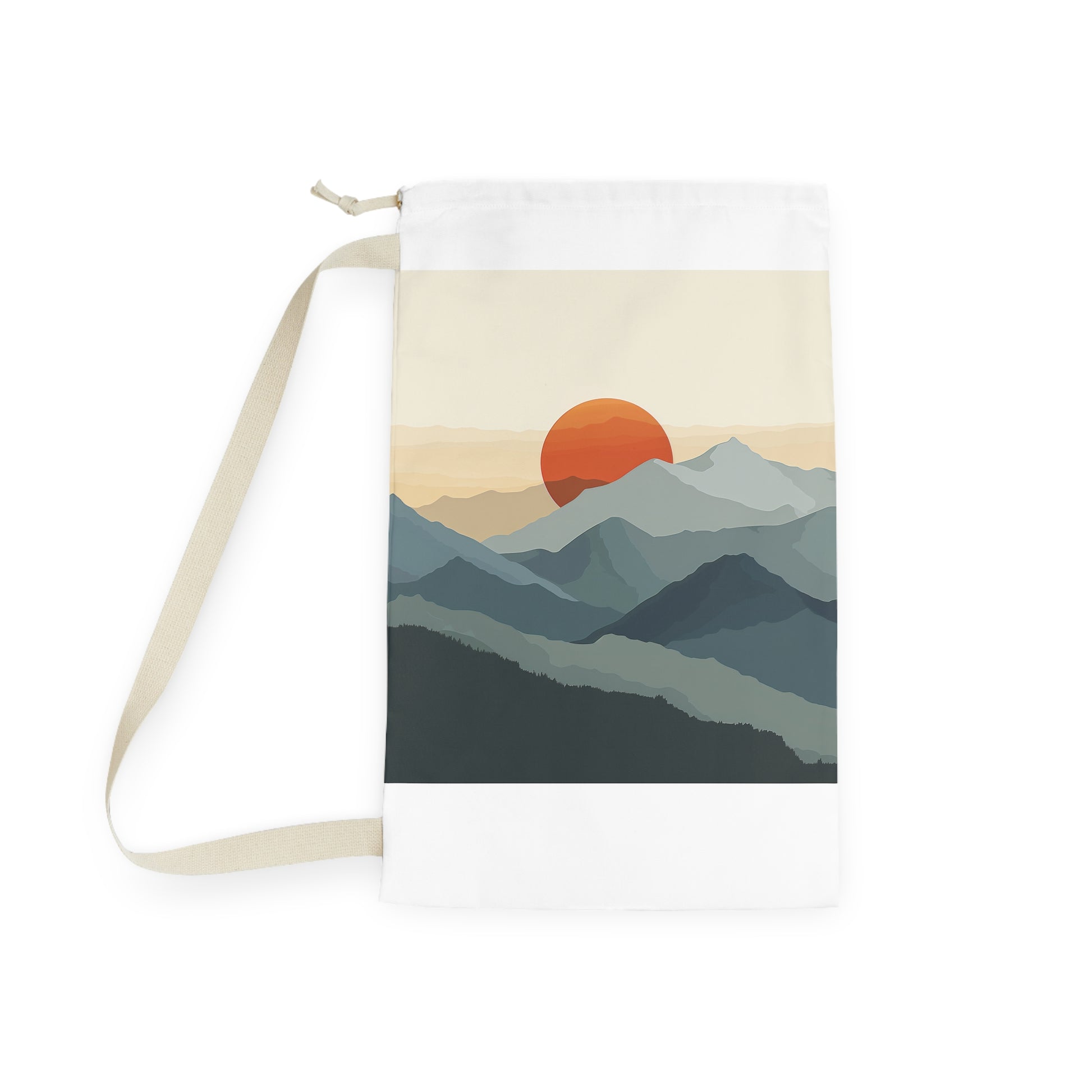 "Sunrise Mountain Laundry Bag, minimalist mountain range design with rising sun, keep laundry organized"