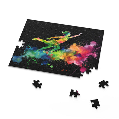 "Peter Pan Watercolor Neon Puzzle - Vibrant jigsaw with neon colors, bringing magical characters to life"