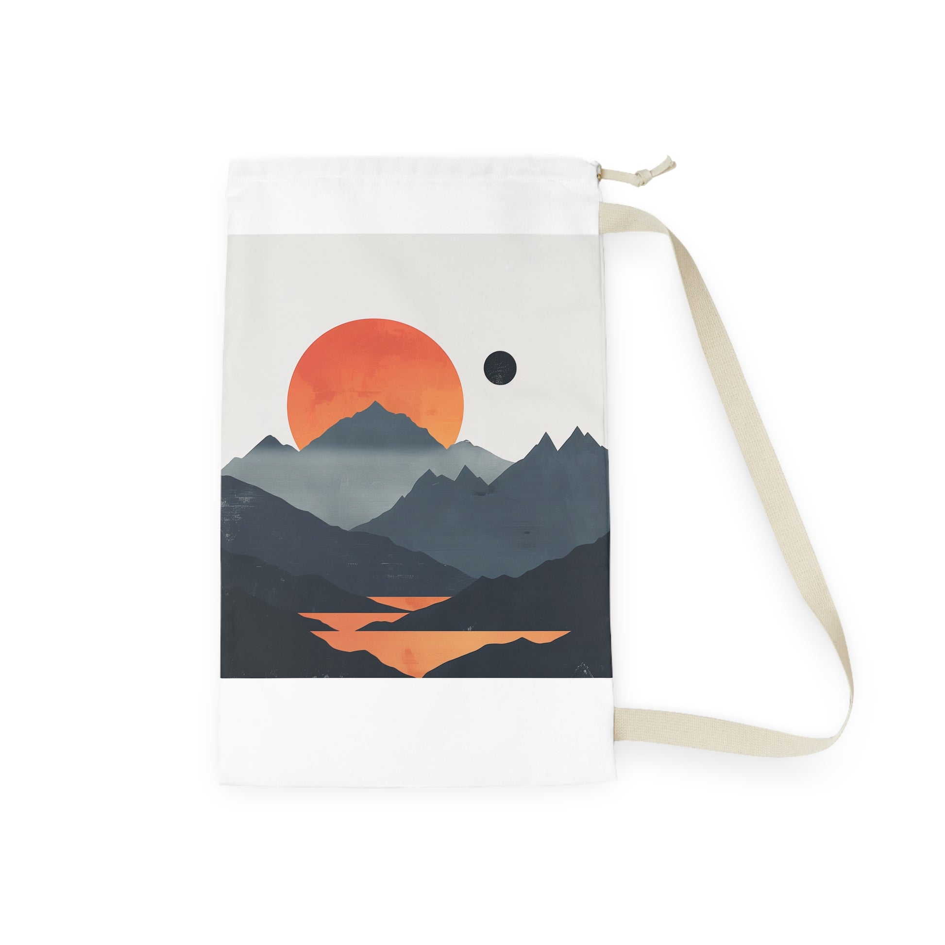 "Mountain Sunrise Laundry Bag - Serene mountain range and rising sun design, perfect for organizing laundry"