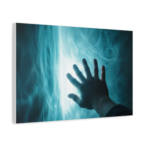 Hand Reaching Through Glowing Portal — Canvas Wall Art — Side Profile & Stretched Corner Detail