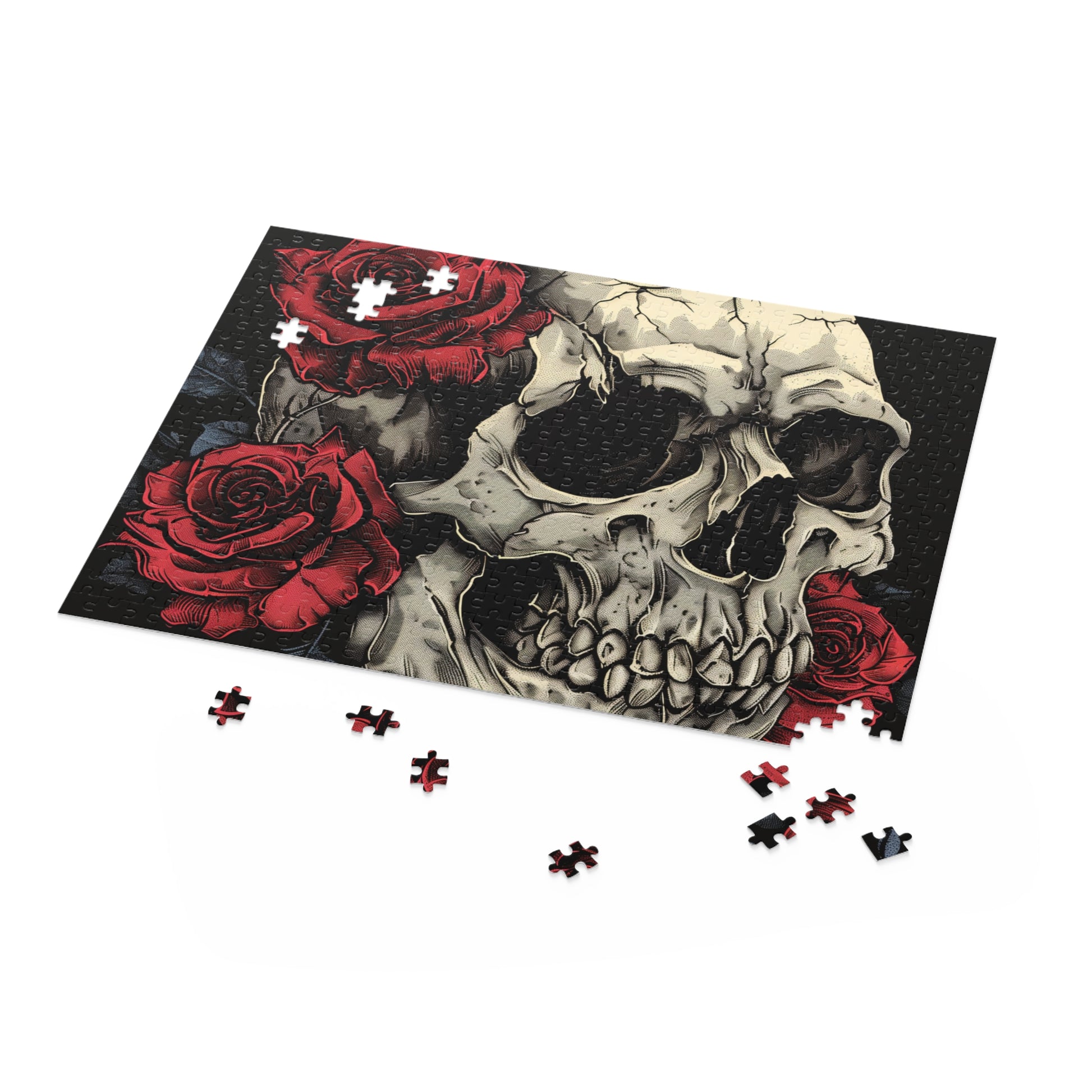 "Skull and Roses puzzle - intricate gothic design with vibrant red roses, ideal for a spooky night in"