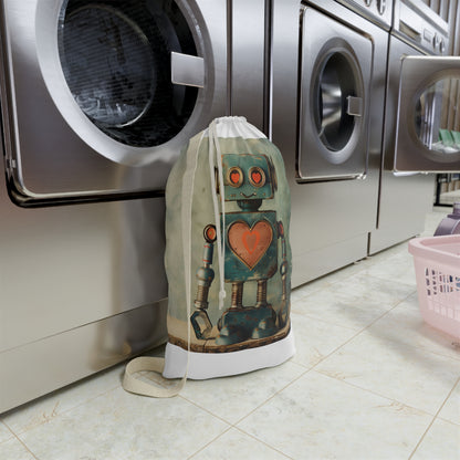 "Retro Robot Love Laundry Bag with Heart Symbols - Keep Laundry Organized in Style!"