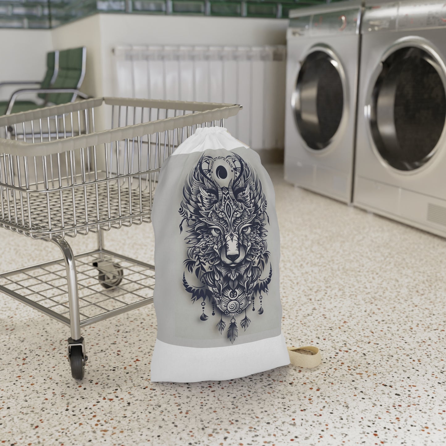 "Stylish Tribal Totem Laundry Bag - Unique animal print design for storing dirty clothes with a touch of nature in your space"