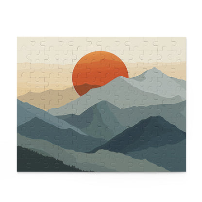 Sunrise Mountain Range Puzzle - Tranquil nature scene jigsaw with vibrant sun and minimalist mountain silhouette.