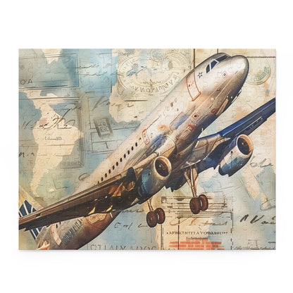 Vintage Airplane Travel Puzzle with intricate travel stamps, perfect for aviation enthusiasts.