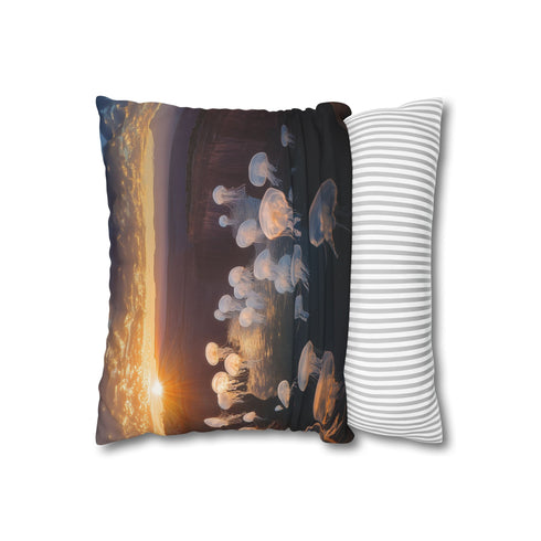 Sunset Canyon with Floating Bioluminescent Jellyfish — 40×40 Cushion Cover — Sofa & Living Room Lifestyle View