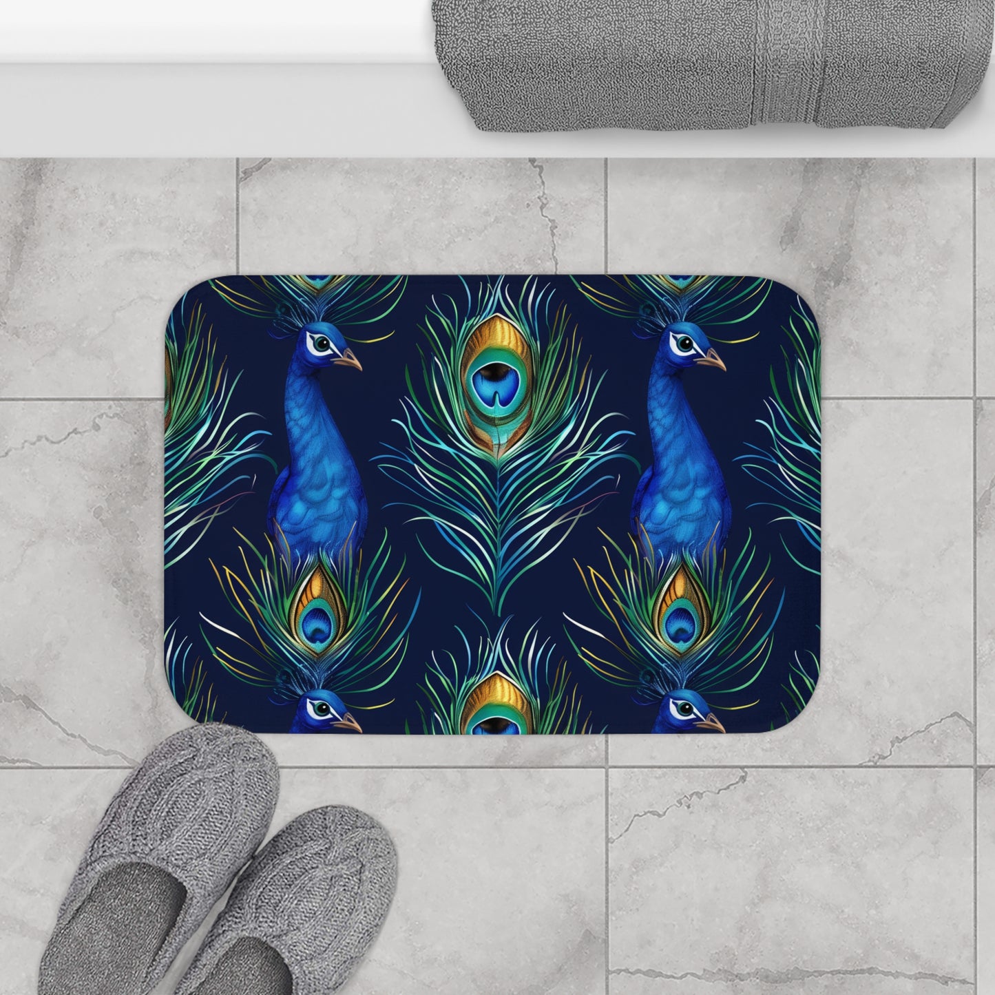 Peacock Feather Blue Bath Mat