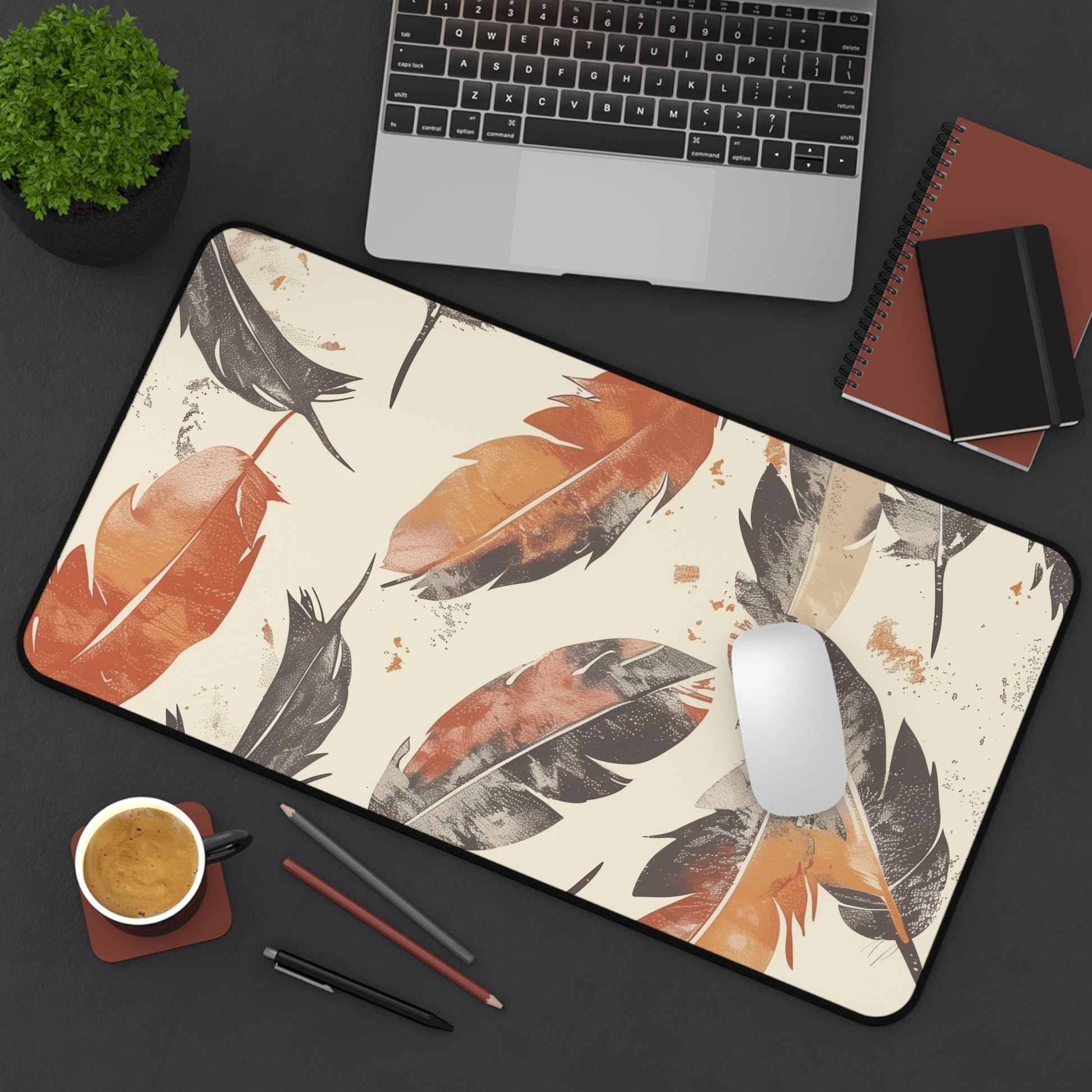 "Boho Feathers Desk Mat - Stylish earthy tones seamless pattern, elevate your workspace with bohemian charm"