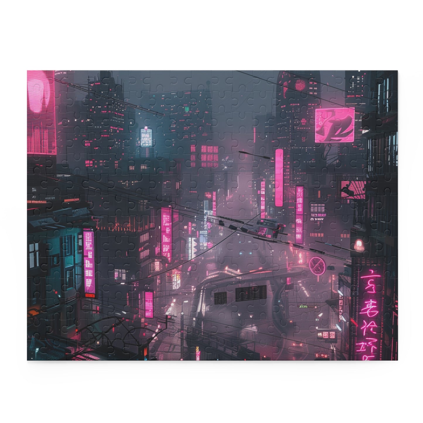 "Neon Cityscape Cyberpunk Jigsaw Puzzle - Vibrant and Detailed Futuristic Design for Sci-Fi Lovers"