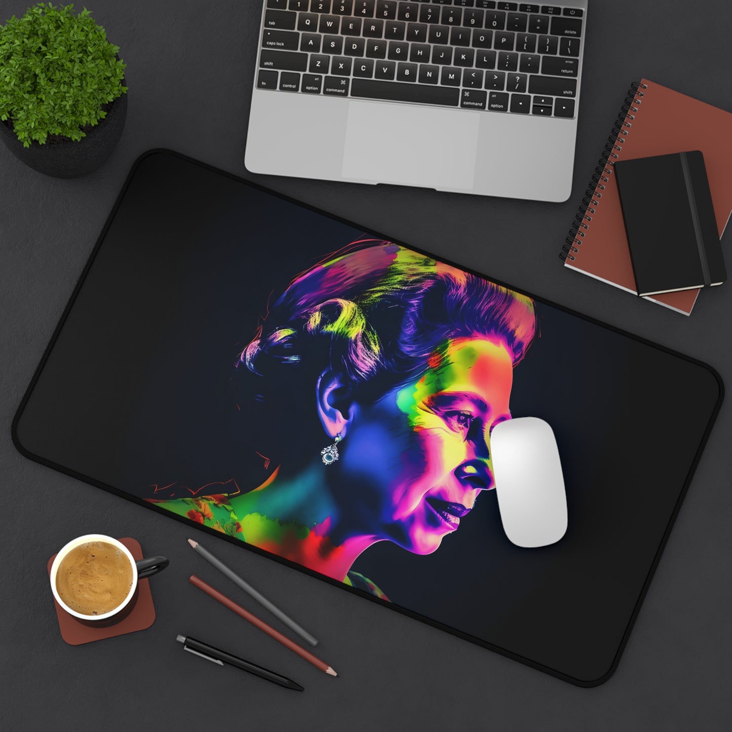 "Queen Elizabeth Neon Desk Mat - Vibrant watercolor image of young Queen Elizabeth II, a regal touch for your workspace decor"