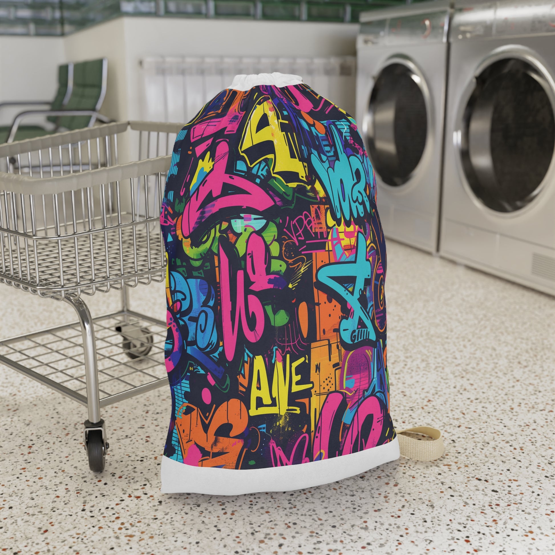 Neon Graffiti Laundry Bag: Vibrant urban design for trendy laundry storage