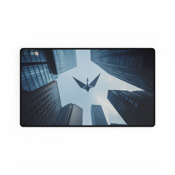 Paper Crane Soaring Above Skyscrapers — XL & XXL Desk Mat — Gaming & Workspace Desk Setup View