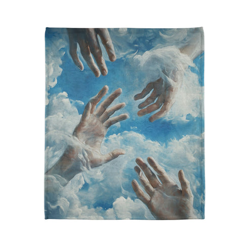 Painted Clouds Forming Human Hands — Plush Fleece Throw Blanket — Product Detail View 7