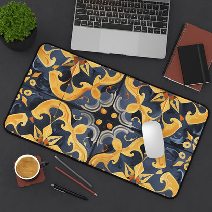 "Add elegance to your workspace with Artisan Tiles desk mat, featuring intricate tile-inspired pattern"