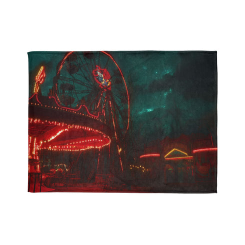 Haunted Carnival on Another Planet — Plush Fleece Throw Blanket — 300 GSM Plush Coral Fleece Texture Close-Up