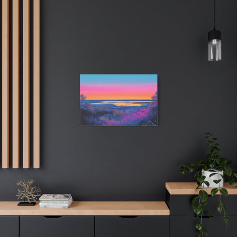 Neon Horizon Splitting Day and Night Stretched Canvas Wall Art