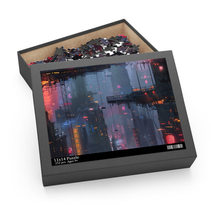 "Challenging Cyberpunk City jigsaw puzzle with neon-lit streets and skyscrapers"