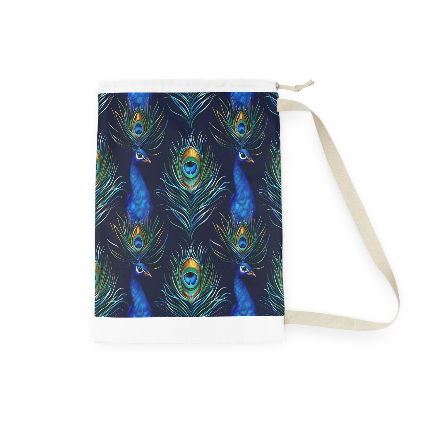 "Peacock Blue Laundry Bag with Vibrant Feathers Pattern for Stylish Laundry Transport"