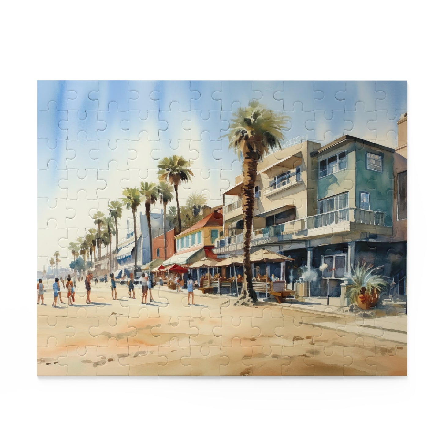 "Venice Beach jigsaw puzzle captures vibrant boardwalk scene with palm trees, ideal for a relaxing day indoors"