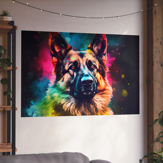 this poster showcases the breed's impressive stature and kind eyes. Ideal for both indoor and outdoor spaces