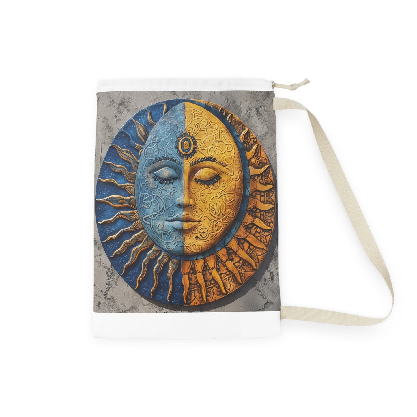 "Decorative Mandala Sun and Moon Laundry Bag with celestial design for stylish laundry organization"