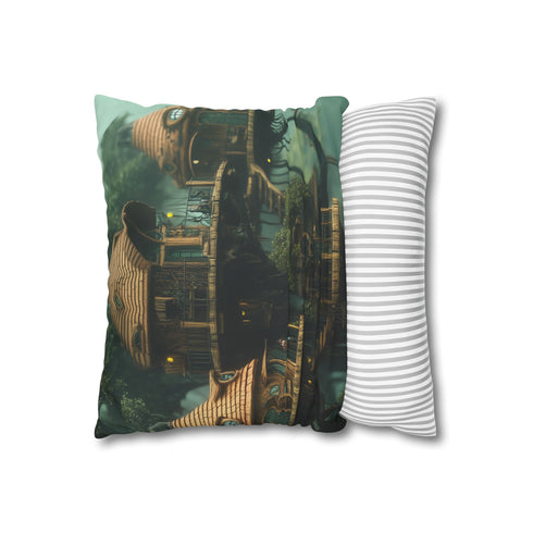 Treehouse Village in the Sky — 40×40 Cushion Cover — Soft Brushed Fabric Texture Close-Up