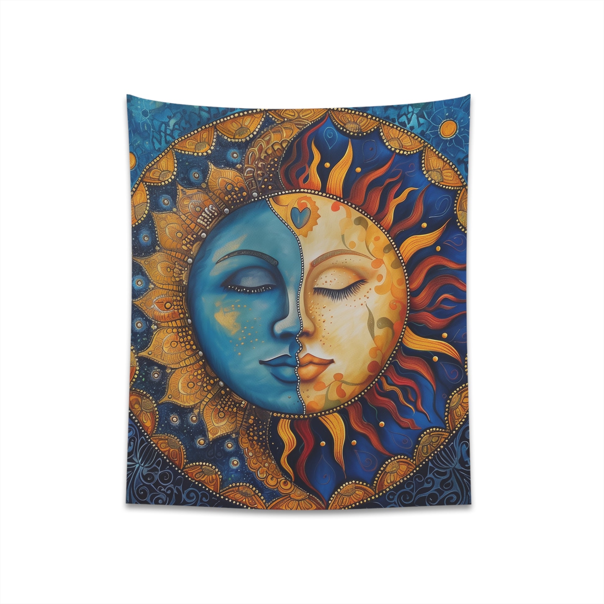 Sun & Moon Mandala Tapestry: Celestial design, high-quality material, perfect for all seasons, makes a great gift. Available in two sizes: 34" x 40" and 57" x 57". Shop now at BenCPrints.