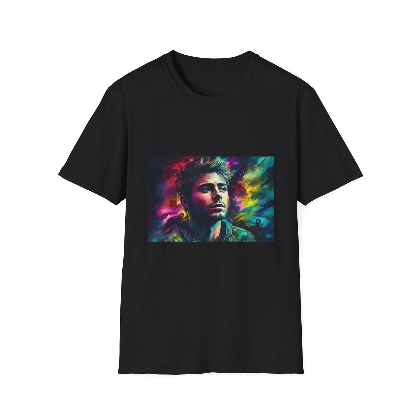 Zac Efron: Beyond the Silver Screen | T-Shirt | casual wear, celebrity fashion, graphic tee, neon colors, pop culture, statement piece, street style, trendy, watercolor, zac efron | Prints with Passion