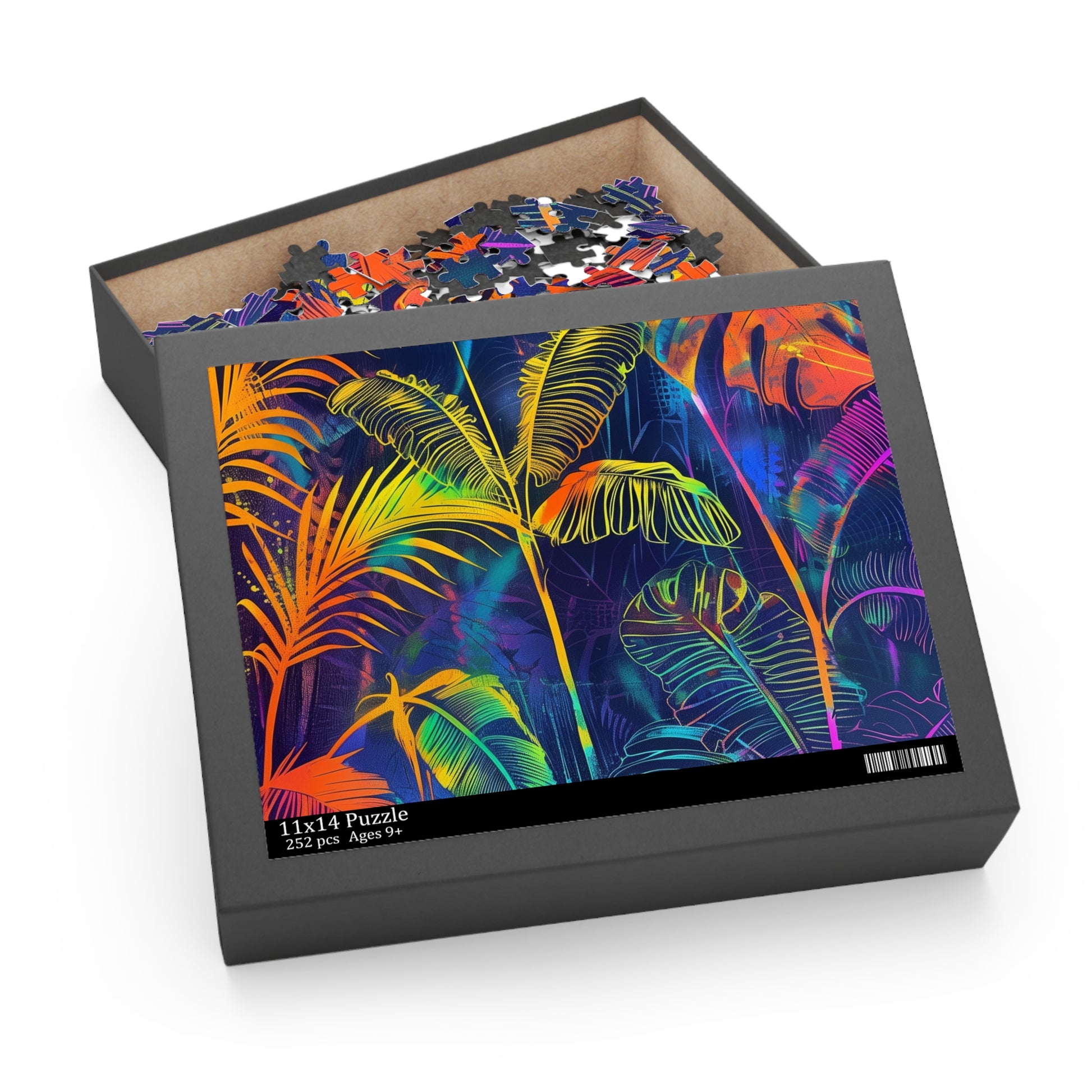 "Neon Tropical Paradise jigsaw puzzle with lush leaves and palm trees design"