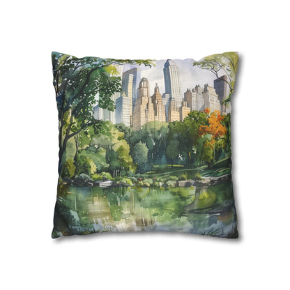 "Urban Oasis Watercolor Pillowcase - High-quality, comfortable, and stylish featuring Central Park's lush greenery. Perfect for all seasons. Makes a great gift. Shop now at BenCPrints."