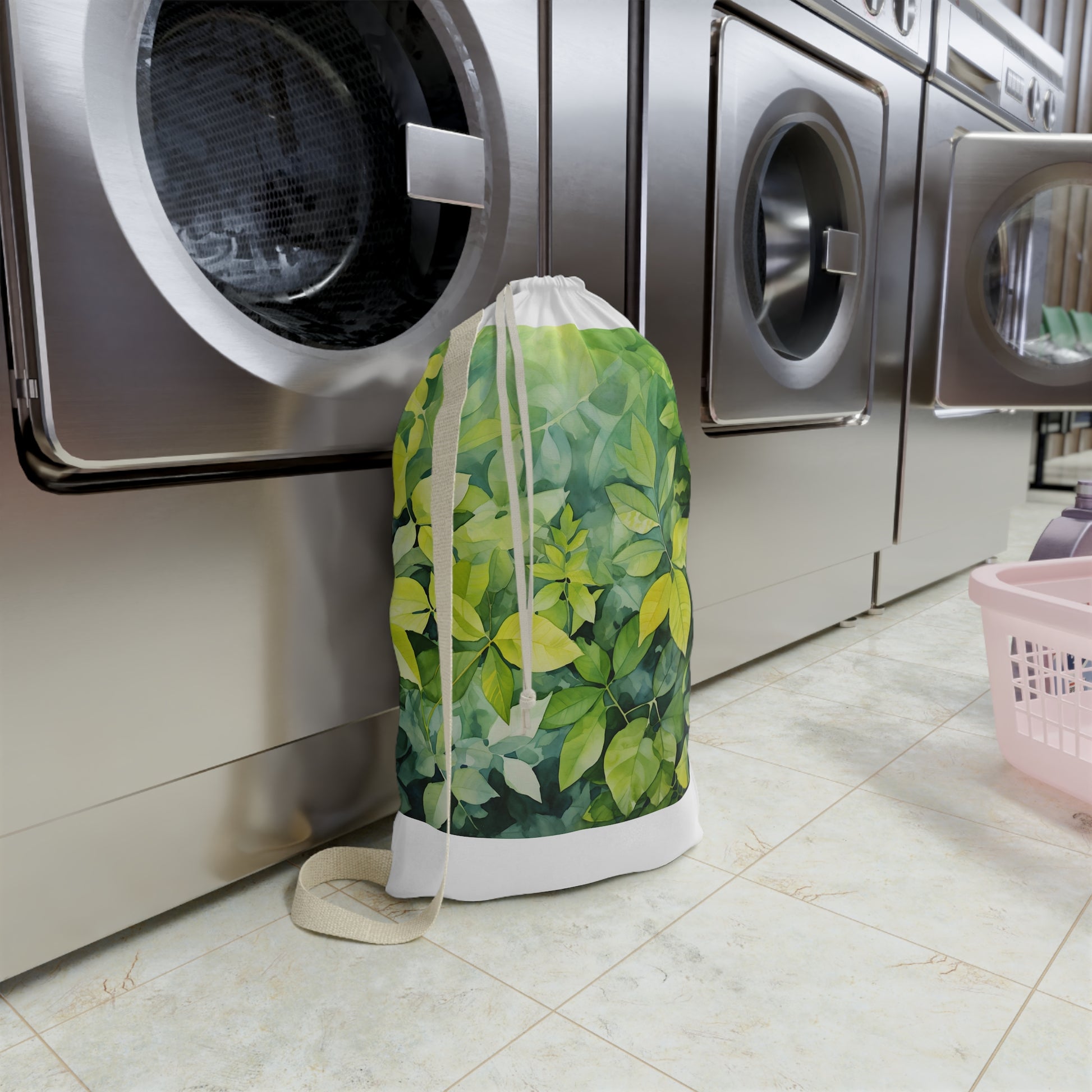 "Serene Summer Foliage Watercolor Laundry Bag - Add Nature to Laundry Routine"