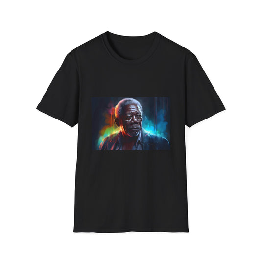 Wisdom and Grace in Radiant Hues | T-Shirt | Artisanal clothing, Artistic tees, Celebrity fashion, Hand-painted design, Limited edition, Morgan Freeman T-shirt, Neon colors, Unique apparel, Watercolor fashion | Prints with Passion