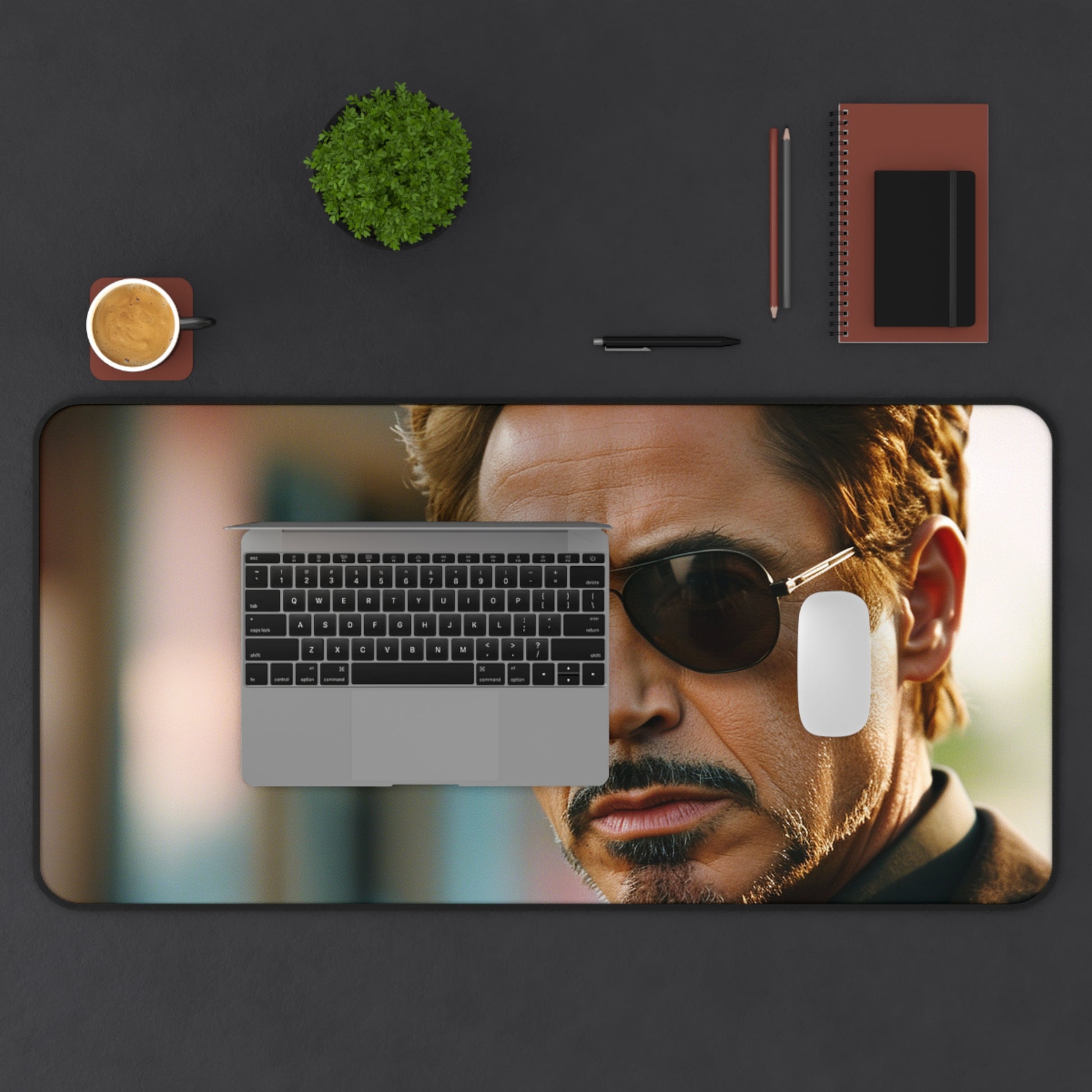 RDJ sunglasses desk mat featuring iconic shades for a sleek workspace vibe.