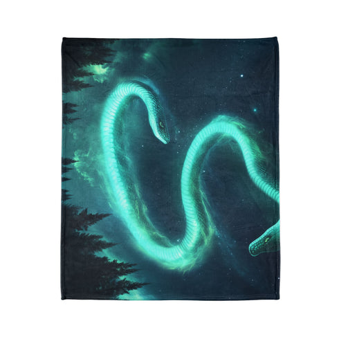 Aurora in Shape of Serpent Above Forest — Plush Fleece Throw Blanket — Product Detail View 7
