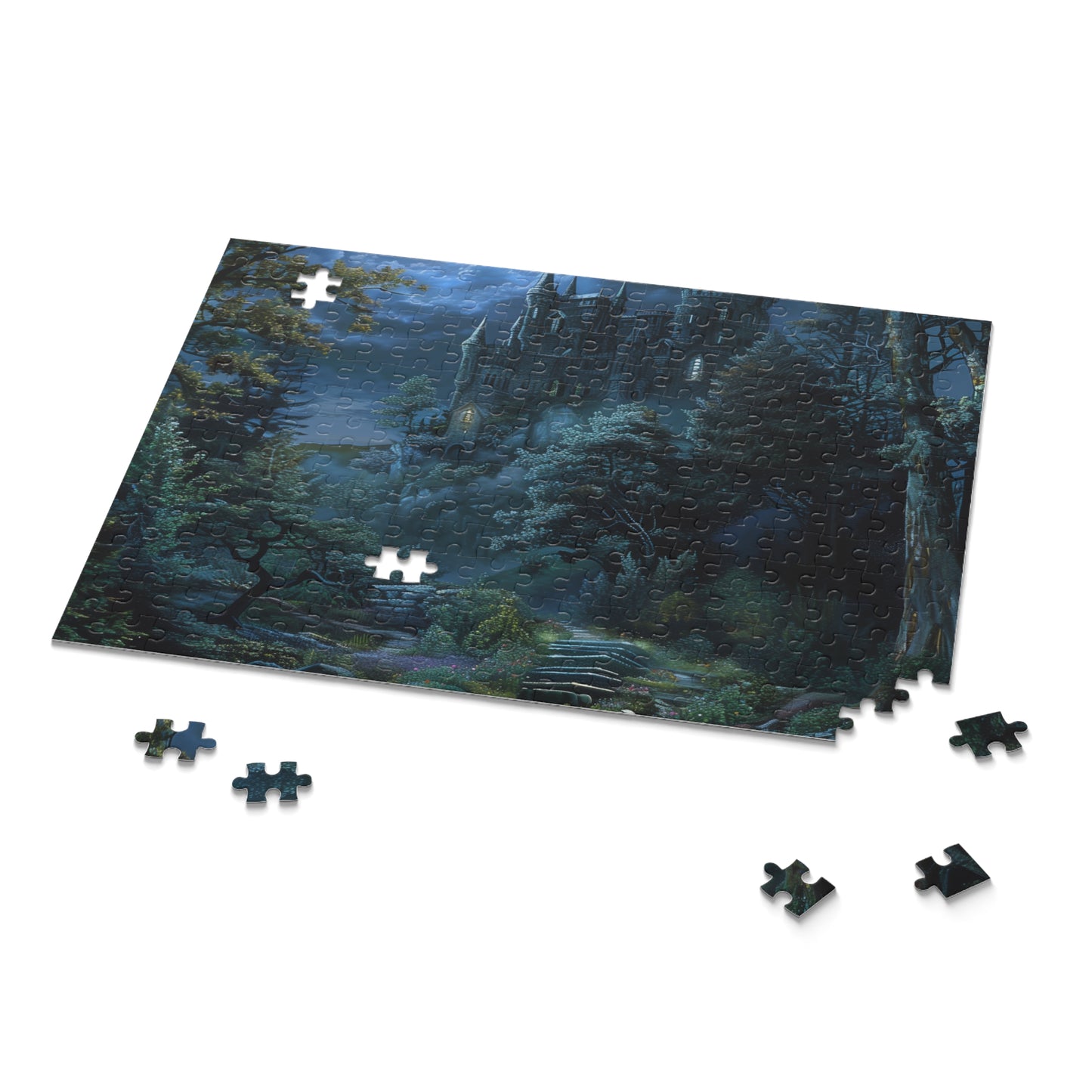 Moonlit Forest Fantasy Castle jigsaw puzzle - Dive into a magical moonlit forest with this enchanting puzzle!