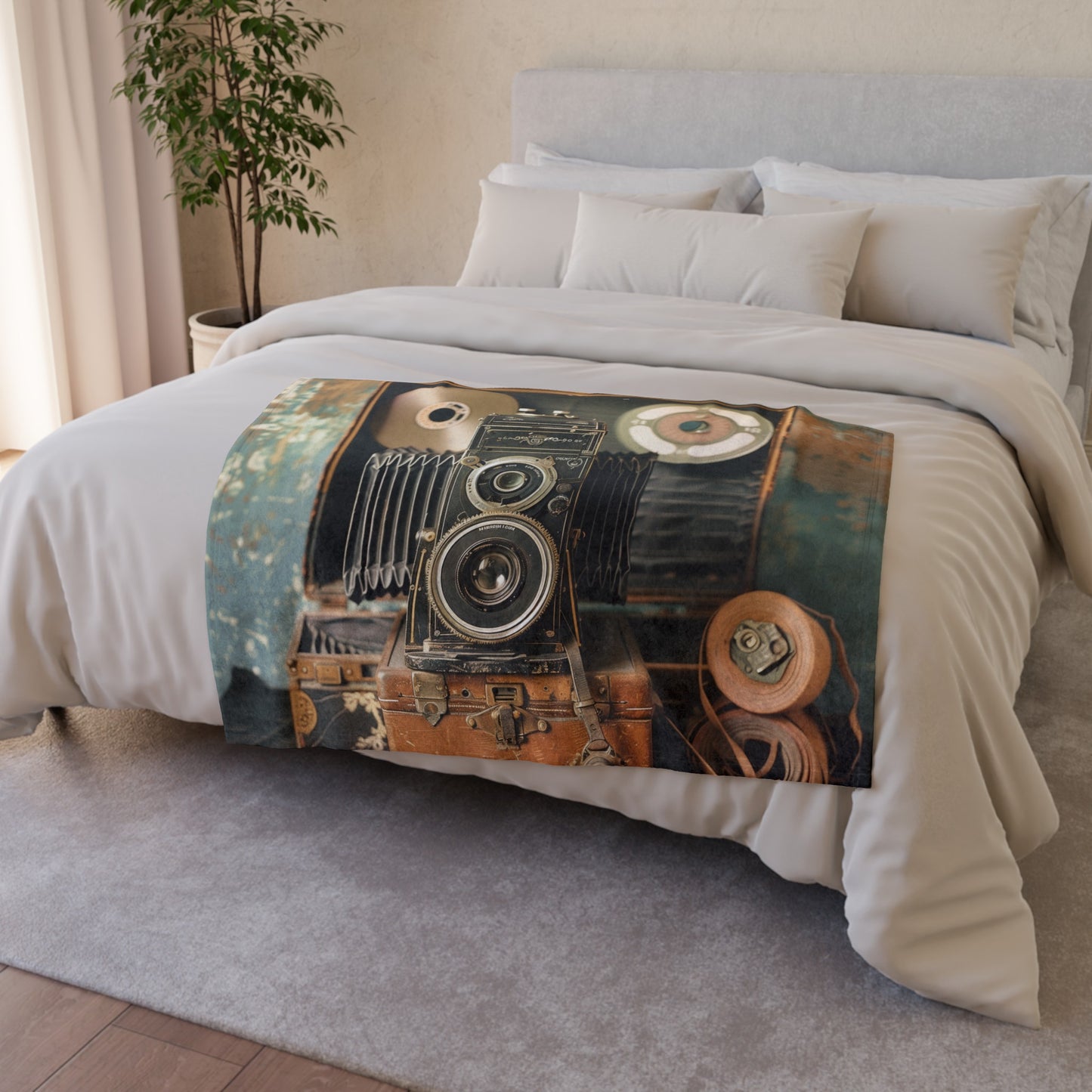 this blanket is sure to add a touch of nostalgia to your home decor.

Embrace the art of analog photography with our Click & Develop Blanket. This vintage-inspired design features a classic camera and film reels