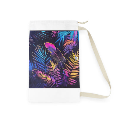 Neon Tropical Paradise Laundry Bag - Colorful palm trees and leaves on vibrant bag for stylish laundry transport. Organize in trend!