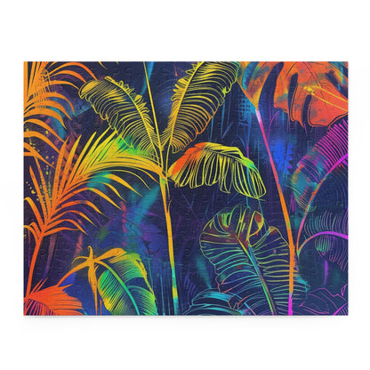 Neon Tropical Paradise Puzzle - vibrant colors, lush leaves, towering palm trees, escape to paradise