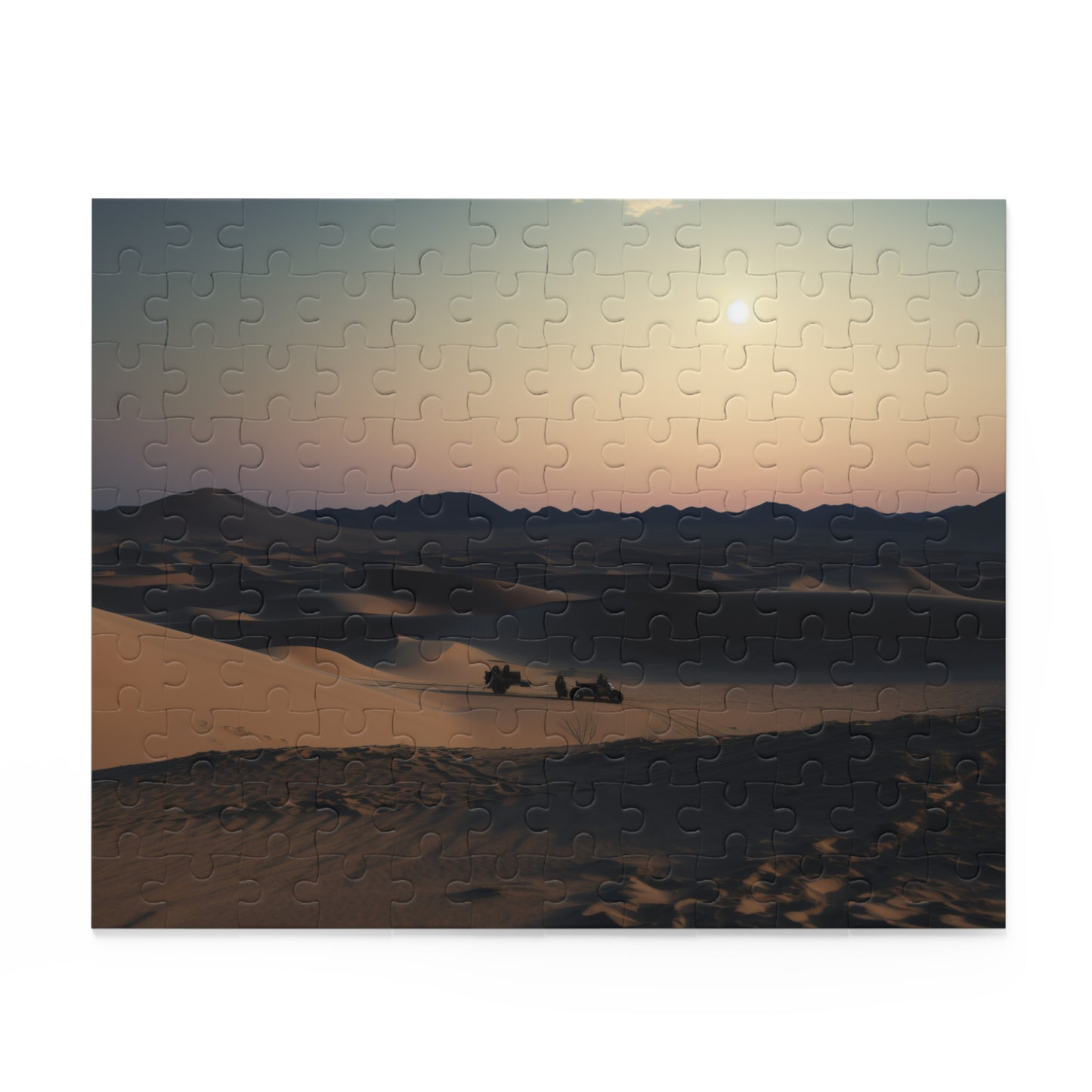 "Moonlit Desert Sands Puzzle: Beautiful jigsaw featuring full moon over vast sand dunes, ideal for relaxation"