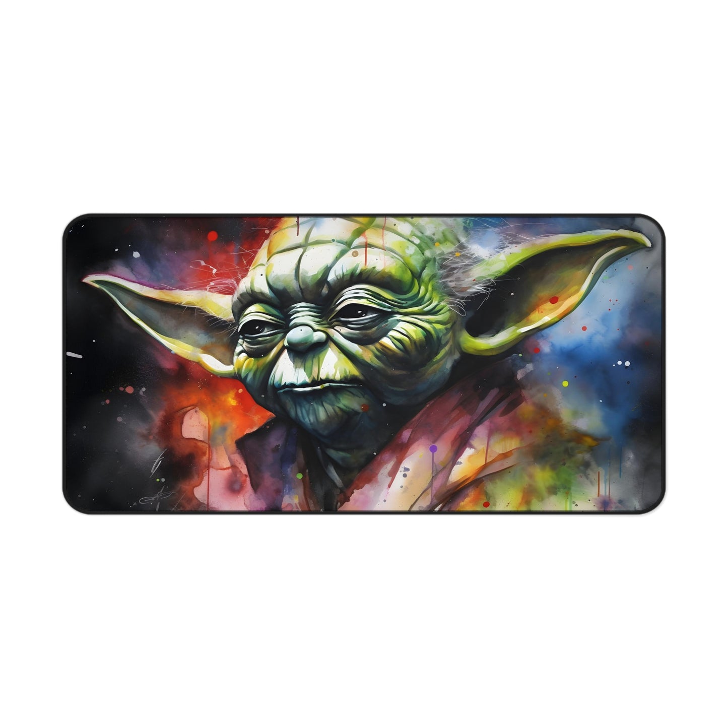 "Yoda neon watercolor desk mat - vibrant Star Wars inspired workspace decor"