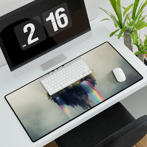 Floating Castle with Rainbow Waterfalls — XL & XXL Desk Mat — 3mm Non-Slip Natural Rubber Base Detail