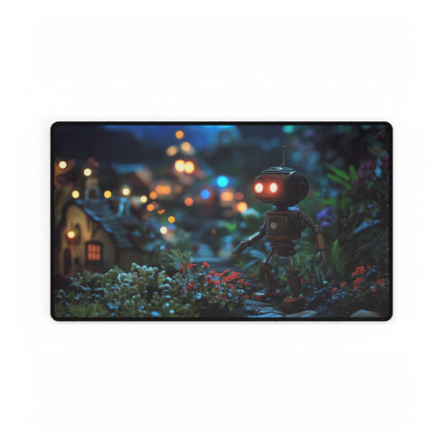Robot Tending Starlight Garden — XL & XXL Desk Mat — Gaming & Workspace Desk Setup View